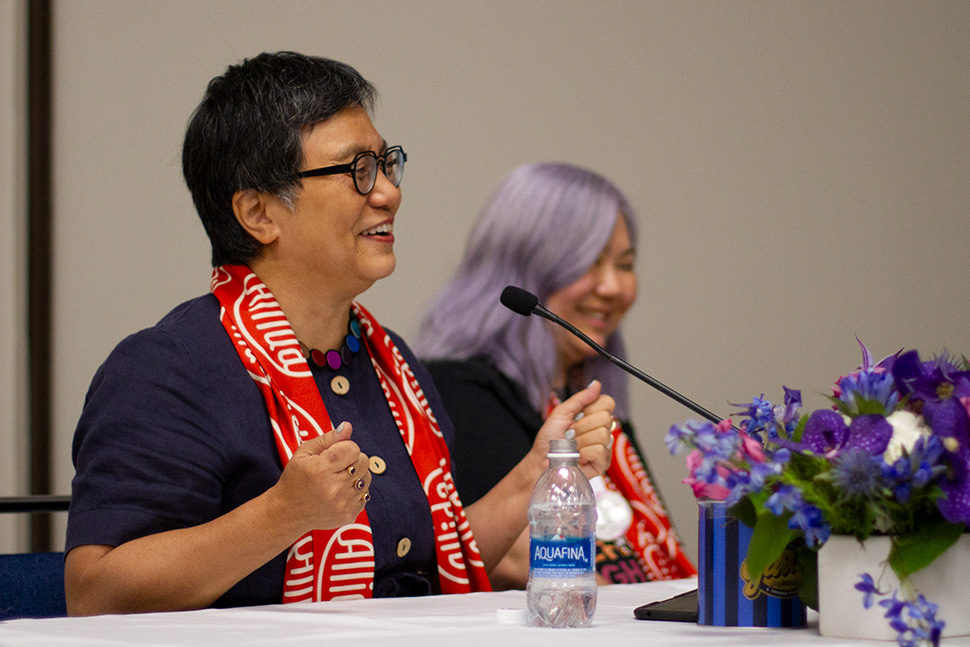 Author Linda Sue Park (left) and We Need Diverse Books CEO Ellen Oh speak at the ALSC President's Program at the American Library Association's 2023 Annual Conference and Exhibition in Chicago on June 26.