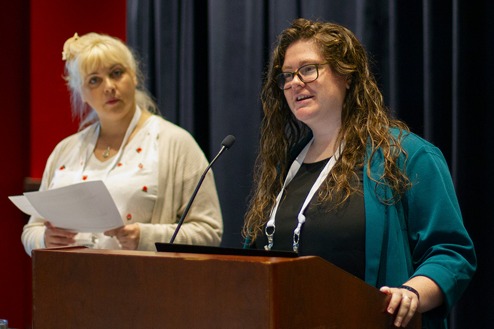 Alyssa Hanson (right) and Melody Dworak speaking at the "Accessible Digital Libraries: Navigating Audiobook Apps with Low-Vision Patrons" session at the 2023 American Library Association Annual Conference in Chicago June 26.