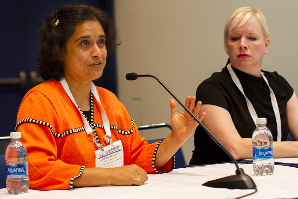 Geeta Halley (left), assistant director Round Rock (Tex.) Public Library and Jennifer Byrnes director of Rochester (N.Y.) Public Library's Business Insight Center, at the "Fostering Economic Opportunity and Advancement with Innovative Programming" session at ALA's 2023 Annual Conference and Exhibition in Chicago.