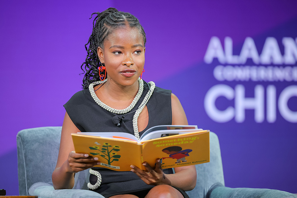 Amanda Gorman reads from her new book, Something, Someday, at the Closing Session of the American Library Association's 2023 Annual Conference and Exhibition in Chicago on June 27.