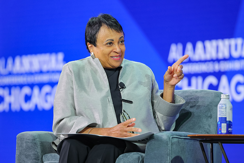 Librarian of Congress Carla Hayden smiles on stage at the "In Conversation with Carla Hayden" session at the ALA Annual Conference