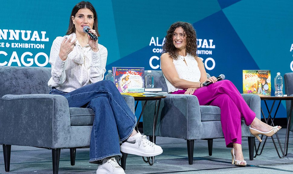 Idina Menzel (left) and Cara Mentzel) discuss their children's books at American Library Association's 2023 Annual Conference in Chicago.