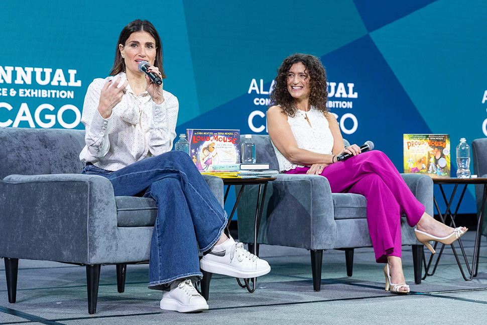 Idina Menzel (left) and Cara Mentzel) discuss their children's books at American Library Association's 2023 Annual Conference in Chicago.