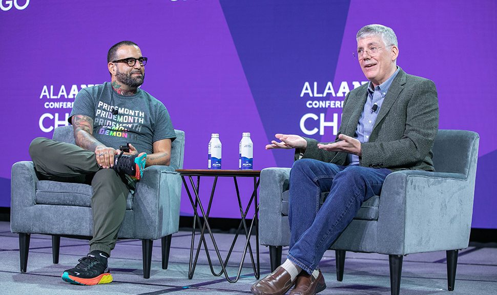 Author Rick Riordan (right) and Mark Oshiro discuss their co-written book, The Sun and the Star, a Nico di Angelo Adventure at a June 25 talk at ALA's 2023 Annual Conference and Exhibition in Chicago.