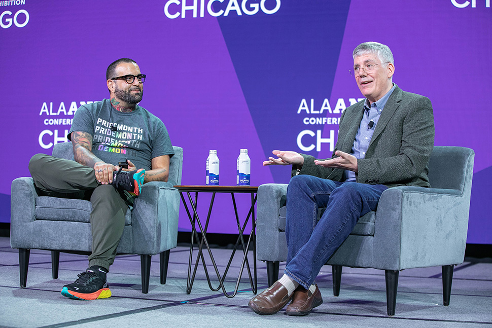 Author Rick Riordan (right) and Mark Oshiro discuss their co-written book, The Sun and the Star, a Nico di Angelo Adventure at a June 25 talk at ALA's 2023 Annual Conference and Exhibition in Chicago.