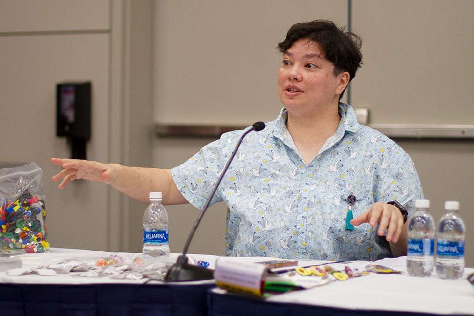 Danielle Costello, librarian at Louisiana State University, explains game jams for creating tabletop roleplaying games at the American Library Association’s 2023 Annual Conference and Exhibition in Chicago.