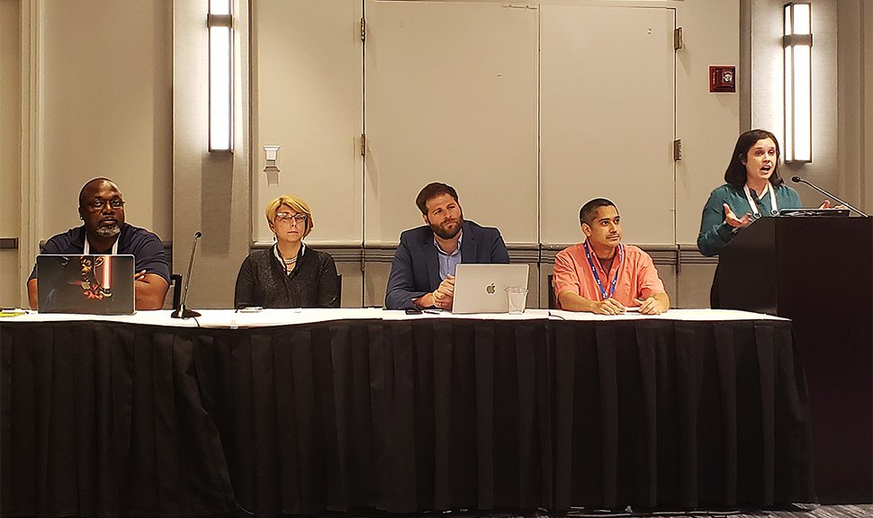 (Left to right) Trevor Watkins, , Hannah Byrd Little, director of library and archives at the Webb School in Bell Buckle, Tennessee, Jonathan McMichael, undergraduate success librarian at Arizona State University, Fernando A, and Kate Delaney, public services librarian at Philadelphia College of Osteopathic Medicine discuss ChatGPT and other generative AI tools at ALA Annual 2023 in Chicago.