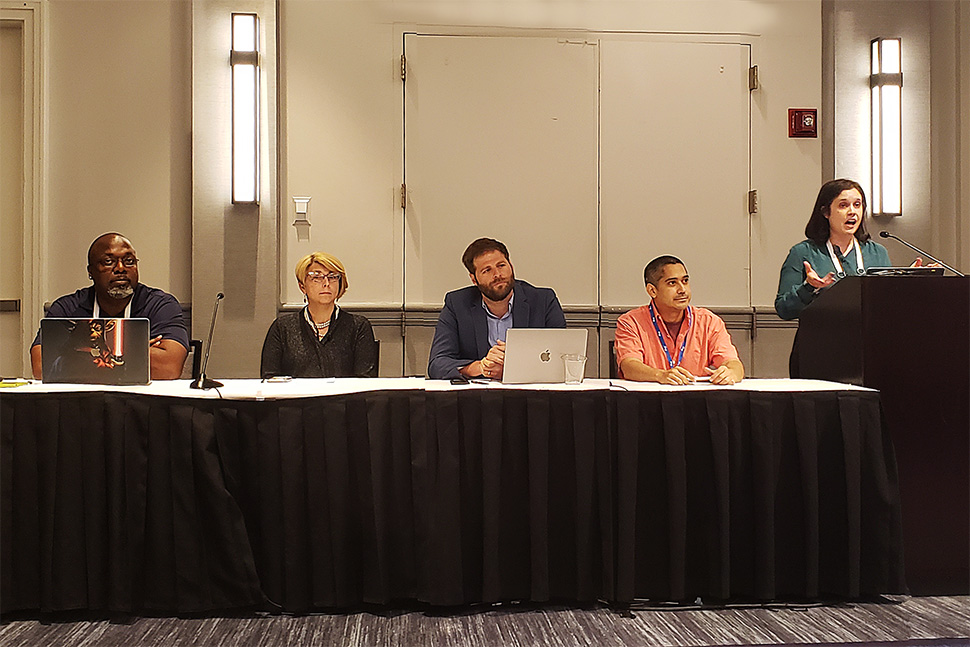 (Left to right) Trevor Watkins, , Hannah Byrd Little, director of library and archives at the Webb School in Bell Buckle, Tennessee, Jonathan McMichael, undergraduate success librarian at Arizona State University, Fernando A, and Kate Delaney, public services librarian at Philadelphia College of Osteopathic Medicine discuss ChatGPT and other generative AI tools at ALA Annual 2023 in Chicago.