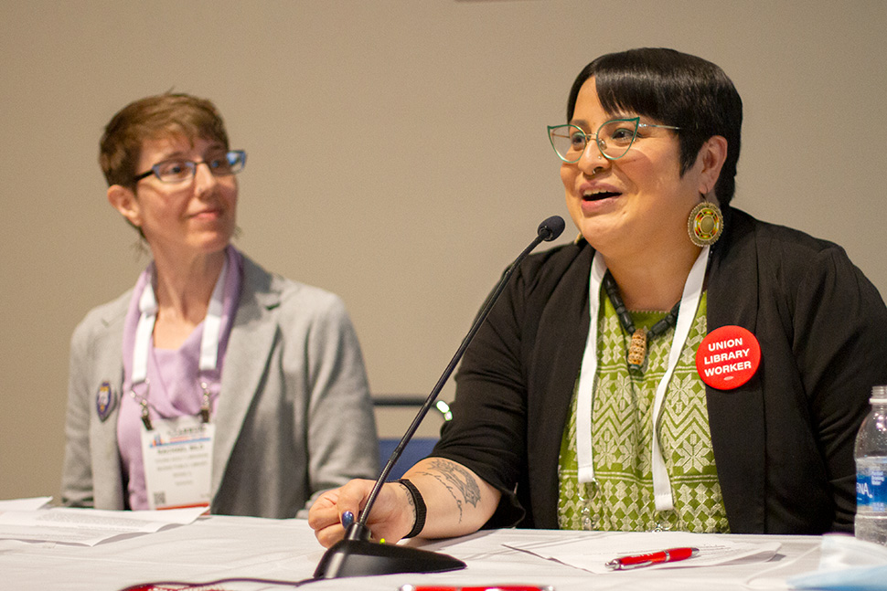 Rachael Bild (left), teen services librarian at Skokie (Ill.) Public Library, and Analú María López, Indigenous studies librarian and assistant curator at the Newberry Library in Chicago, at “An Introduction to Organizing and Collective Bargaining in Libraries,” a session at the American Library Association’s 2023 Annual Conference and Exhibition in Chicago on June 24.