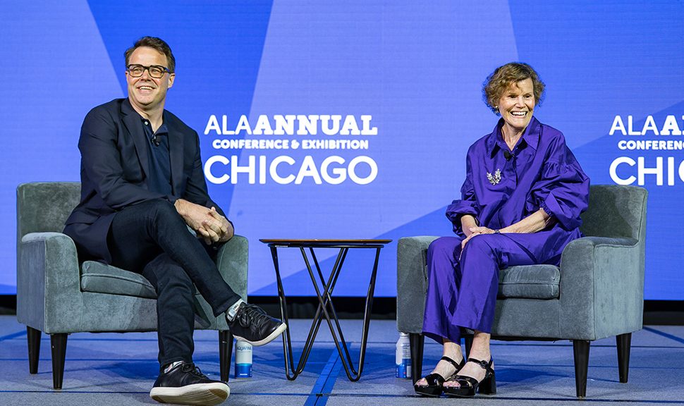 Simon & Schuster Senior Vice President and Publisher Justin Chanda (left) interviews author Judy Blume at the 2023 Annual Conference and Exhibition.