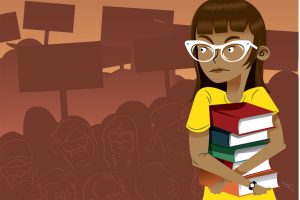 A cartoon depiction of a librarian holding a stack of books with a group of protestors behind her.