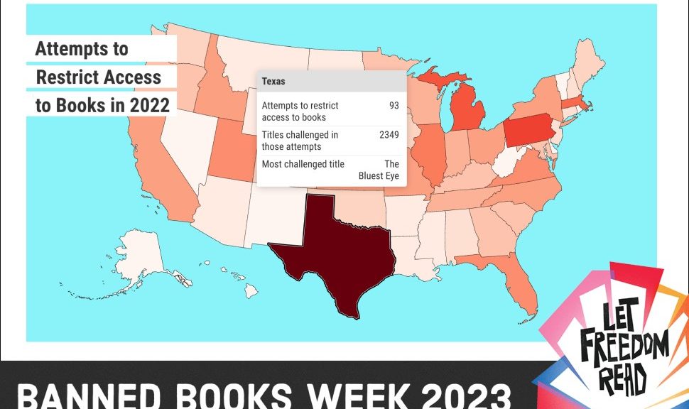 Banned Books Week 2023: Let Freedom Read, featuring a heat map showing the relative frequency of book challenges in the US.