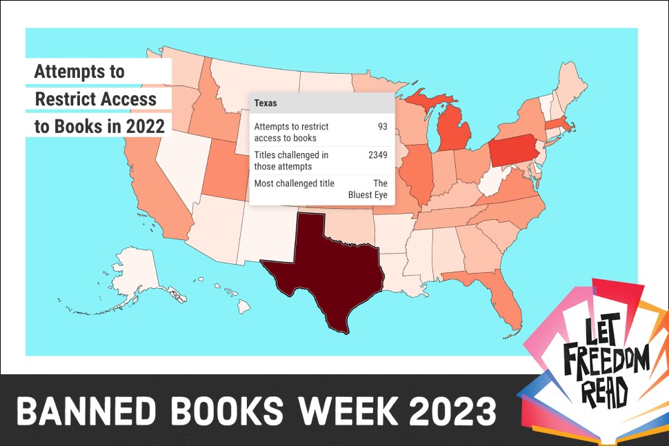 Banned Books Week 2023: Let Freedom Read, featuring a heat map showing the relative frequency of book challenges in the US.