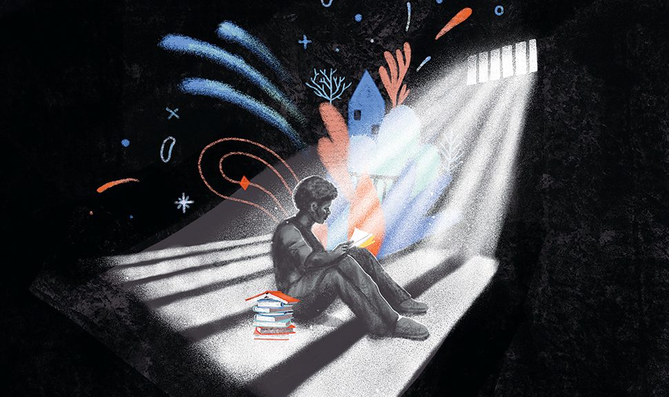 Illustration of an incarcerated individual reading, with a colorful vision of home emerging from the book.