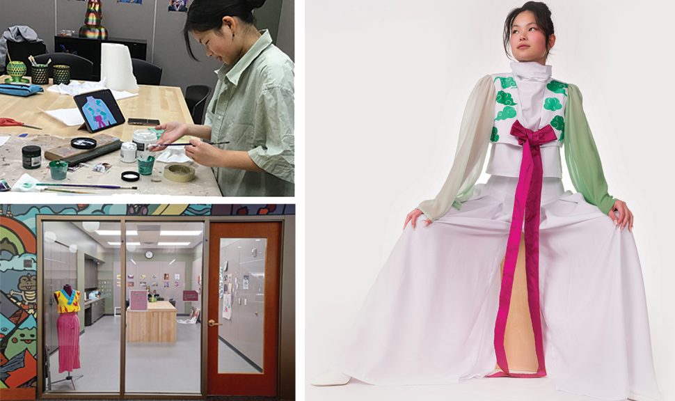 Teen artist-in-residence Celia Hamilton uses the studio at Carmel Clay (Ind.) Public Library (top left) to plan and execute a photoshoot of herself wearing her fashion designs (right).