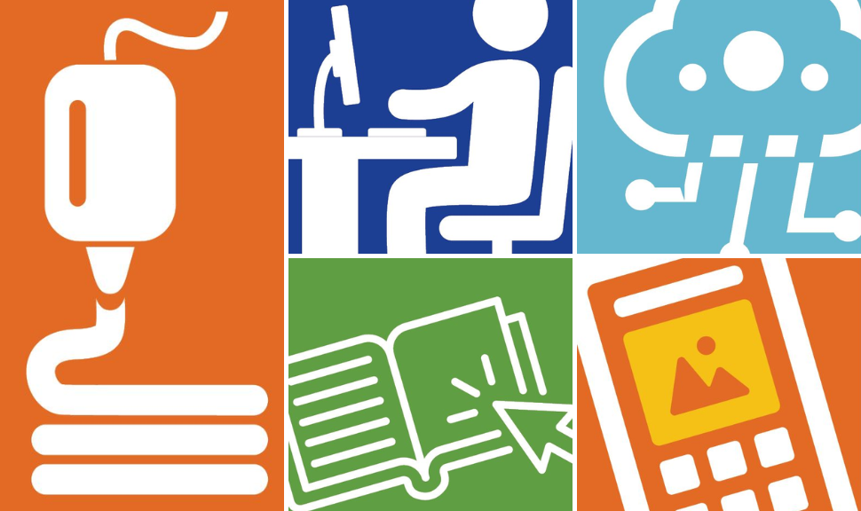 Colorful icons arranged in a grid representing a 3D printer, a person using a computer, a cloud, a book with a cursor clicking, and a mobile phone
