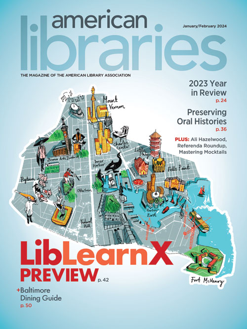 Cover of the January/February 2024 issue of American Libraries featuring a stylized map of Baltimore and the text LibLearnX Preview