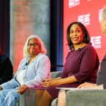 (From left) Cindy Hohl, Tamika Barnes, and Sonia Alcántara-Antoine speak with ALA Interim Executive Director during the closing session of the LibLearnX Conference January 22 in Baltimore.