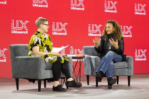 Michele Norris (r) speaks with ALA President Emily Drabinski on stage at the 2024 LibLearnX Opening Session
