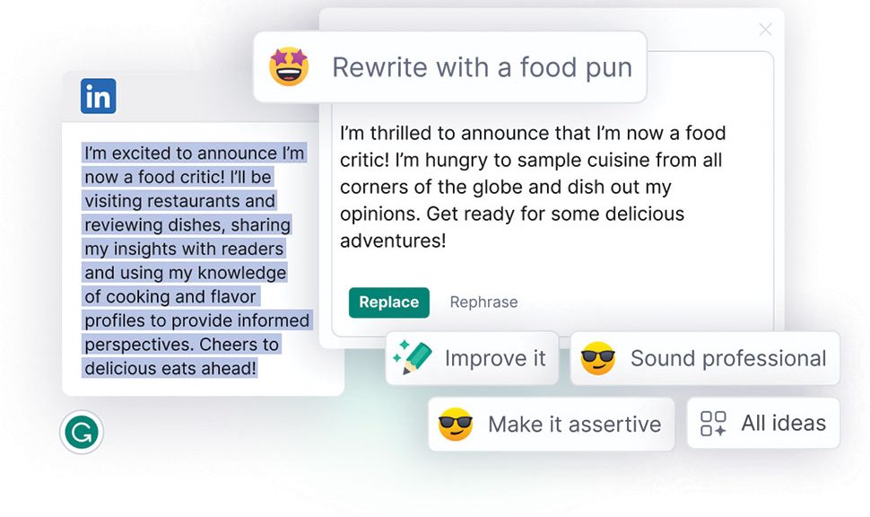 Screencap from Grammarly's text generator depicting a passage with a prompt to rewrite with a food pun