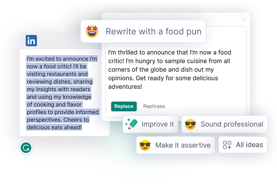 Screencap from Grammarly's text generator depicting a passage with a prompt to rewrite with a food pun