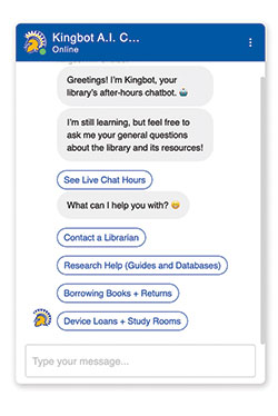 A screenshot of Kingbot, the AI chatbot for the Dr. Martin Luther King Jr. Library at San José State University.