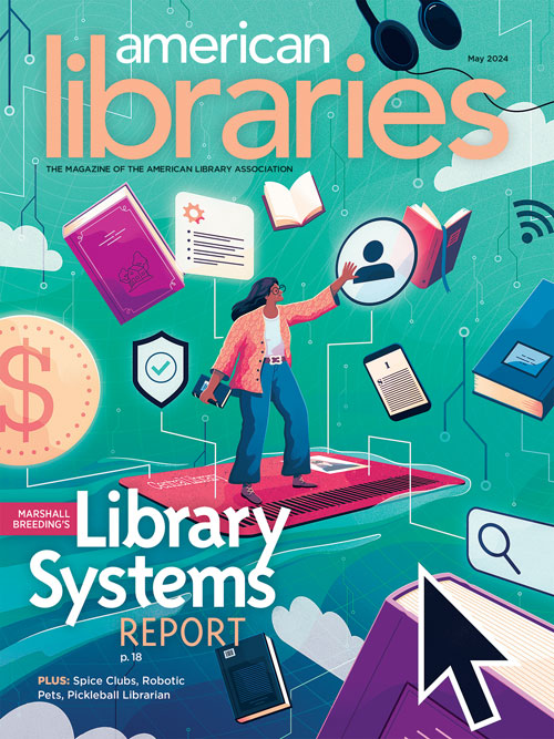 Cover of May 2024 American Libraries with image of a person "surfing" through elements of a digital library system