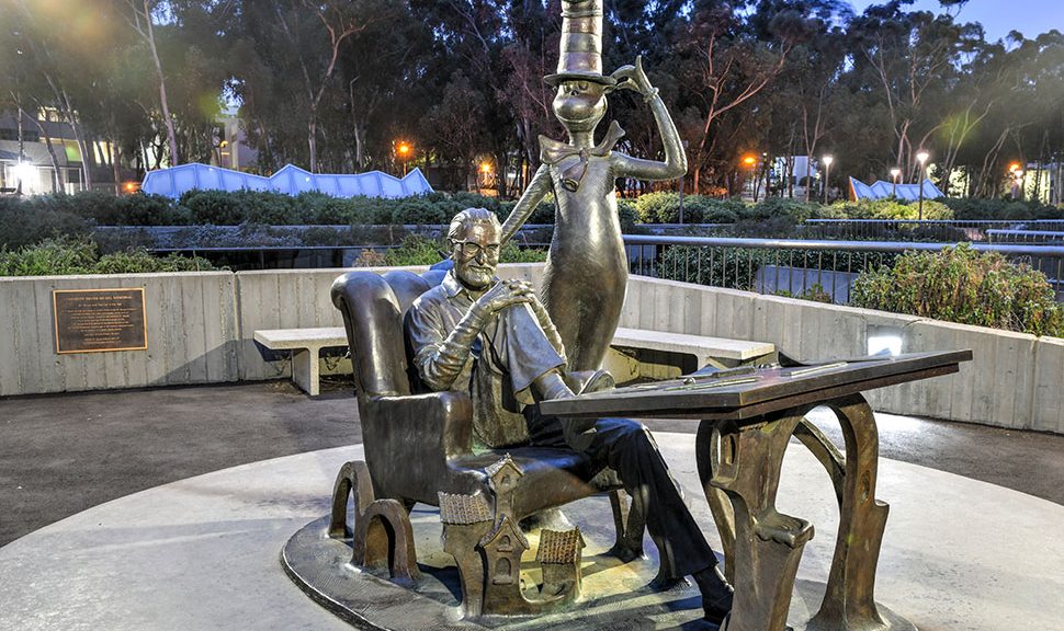 Photo of the bronze Dr. Seuss and Cat in the Hat statue outside Geisel Library, the main library of University of California San Diego