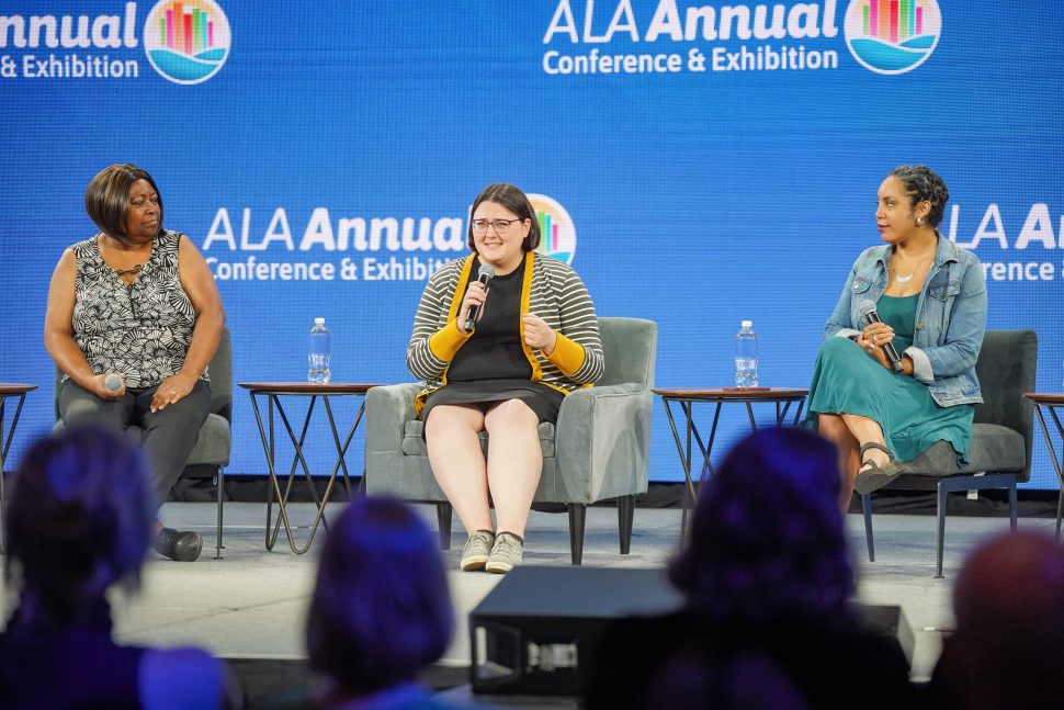 (From left) Angela Watkins, Kathleen Nubel, and Christina Gavin participate in the American Library Association's President's Program during June 30 during its Annual Conference and Exhibition in San Diego.