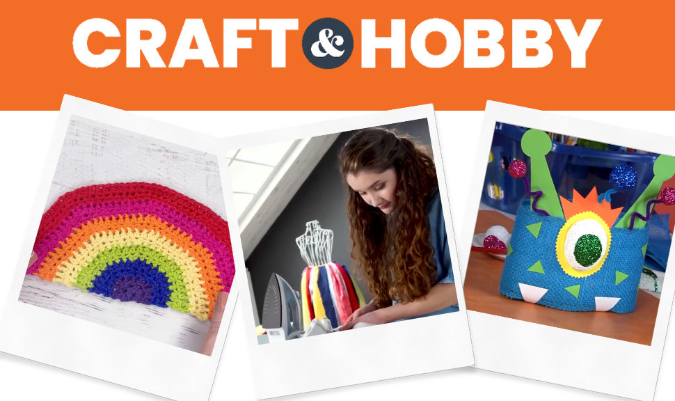 Craft & Hobby logo with polaroid-style images of crafts including crochet and fashion