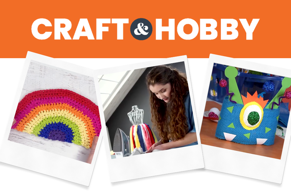 Craft & Hobby logo with polaroid-style images of crafts including crochet and fashion