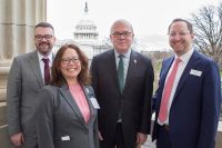 Advocates and lawmakers met during the American Library Association’s (ALA) legislative fly-in, held March 5–7 in Washington, D.C. From left: Jason Homer, executive director of Worcester (Mass.) Public Library; Maria McCauley, director of Cambridge (Mass.) Public Library; US Rep. Jim McGovern (D-Mass.); and Gavin Baker, deputy director for public policy and government relations in ALA’s Public Policy and Advocacy Office.