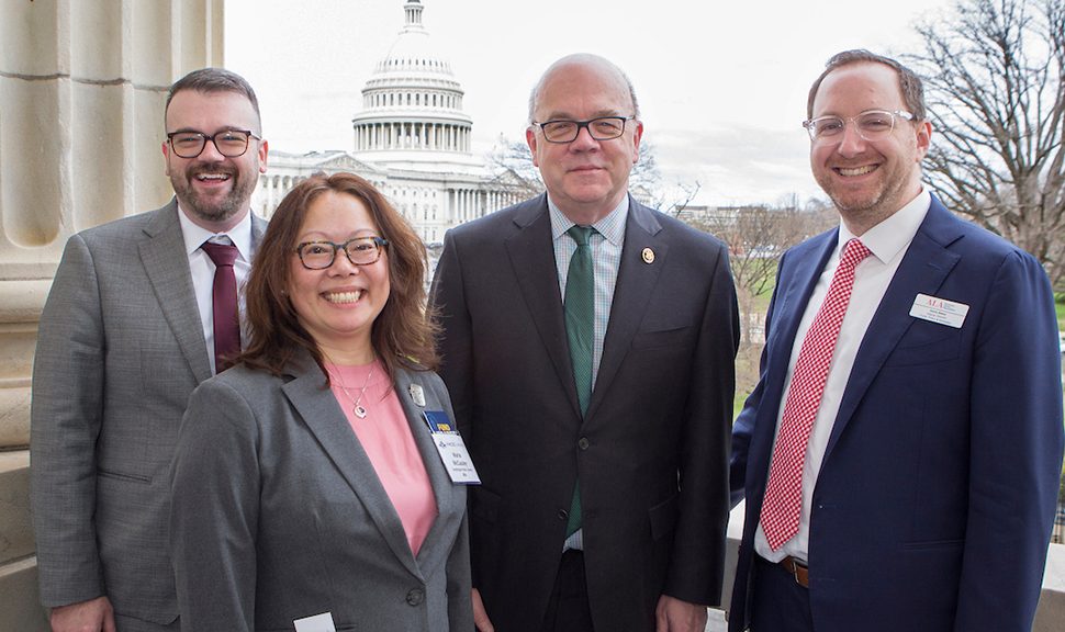 Advocates and lawmakers met during the American Library Association’s (ALA) legislative fly-in, held March 5–7 in Washington, D.C. From left: Jason Homer, executive director of Worcester (Mass.) Public Library; Maria McCauley, director of Cambridge (Mass.) Public Library; US Rep. Jim McGovern (D-Mass.); and Gavin Baker, deputy director for public policy and government relations in ALA’s Public Policy and Advocacy Office.