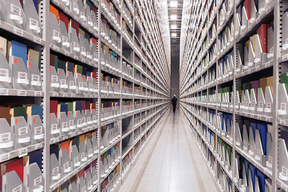 Offsite library shelving in vanishing perspective