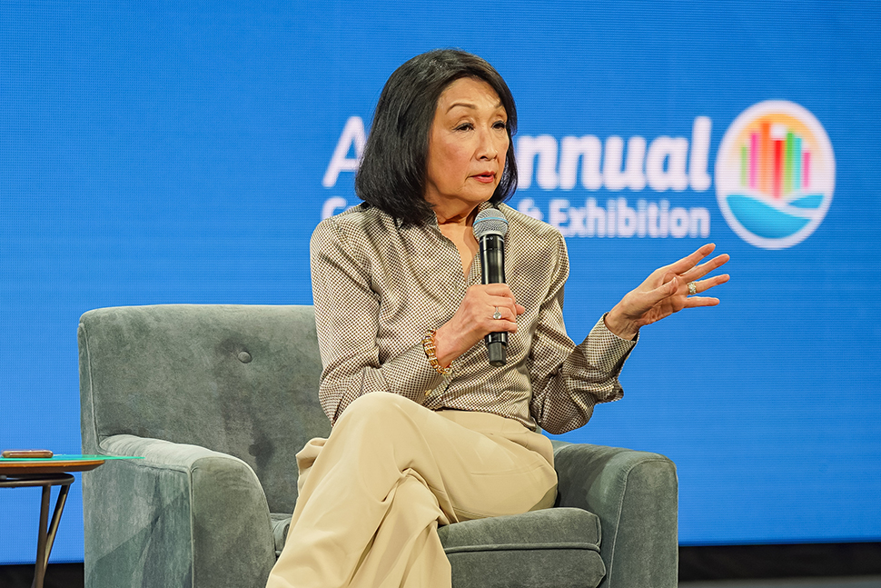 Connie Chung sits on a chair on stage at ALA's 2024 Annual Conference and Exhibition in San Diego.