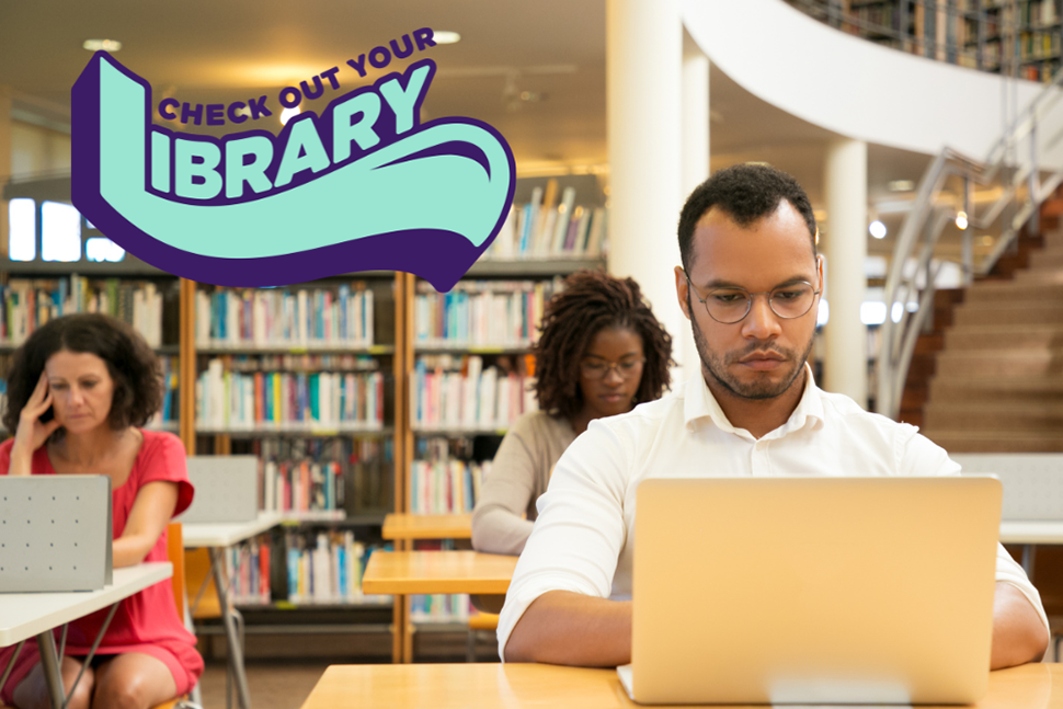 Check Out Your Library logo on a scene with people looking at their laptops in a library