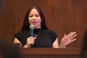 Nikole Hannah-Jones, holding the microphone as keynote speaker