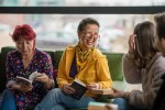 Book club with a woman laughing