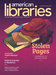 Magazine cover, featuring an illustration of an open backpack with books spilling out and the title "Stolen Pages"