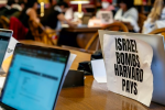 "Israel Bombs Harvard Pays" sign from the September 21 protest, from the Harvard Out of Occupied Palestine Instagram page