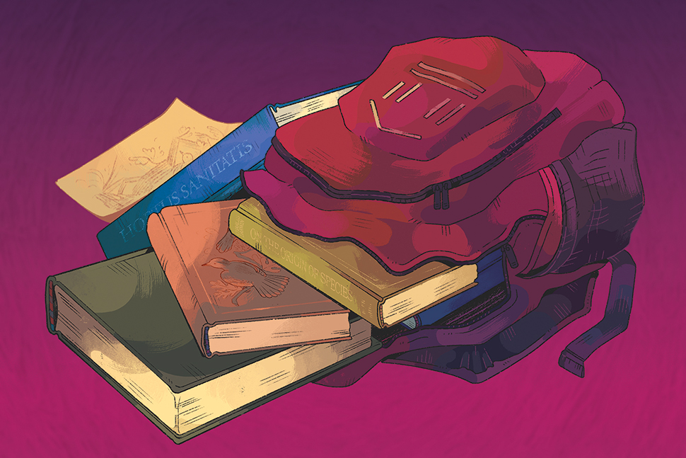 Illustration of an open backpack with stolen library books spilling out