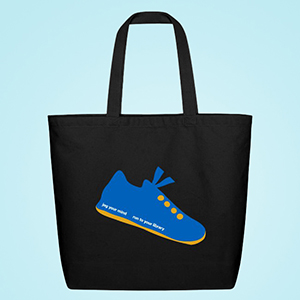 blue running shoe image on a black tote bag