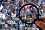 Montage of faces with a magnifying glass examining them.