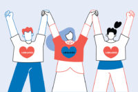 Illustration of three people holding hands in the air and wearing shirts with the word Libraries in a heart shape.