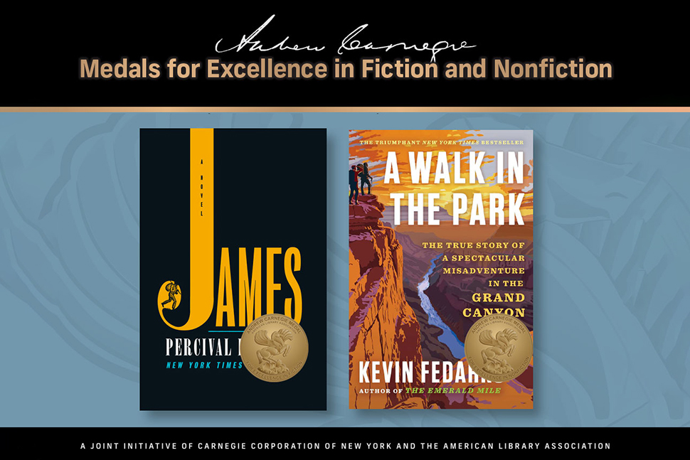 Book covers of 2025 Carnegie Medals winners James by Percival Everett and A Walk in the Park by Kevin Fedarko