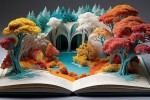 Open book with forest scene coming out of it