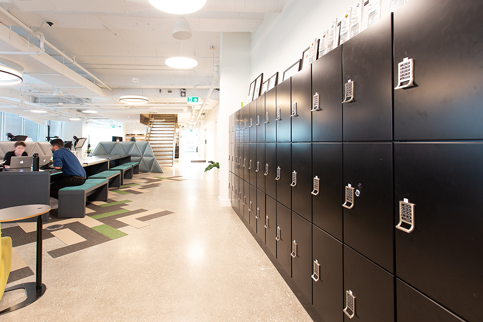 Row of black Spacesaver Day Use lockers in a library space