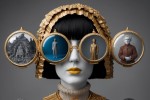 Artistic image of a female figure wearing oversized glasses with several identities in the lenses