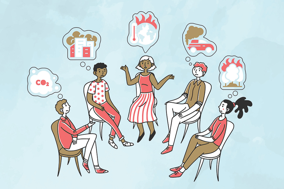 Illustration of people sitting on chairs in a circle and talking about their feelings related to climate change