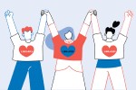 Illustration of three people holding hands in the air and wearing shirts with the word Libraries in a heart shape.